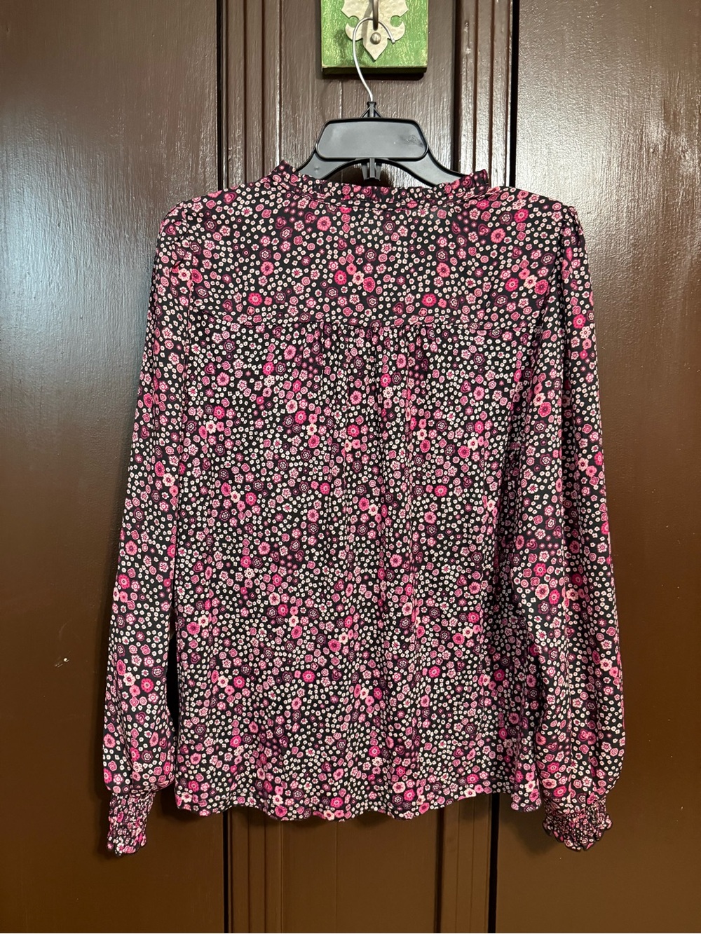 LOFT Black Pink Floral Tie-Neck Blouse - Picture 3 of 3